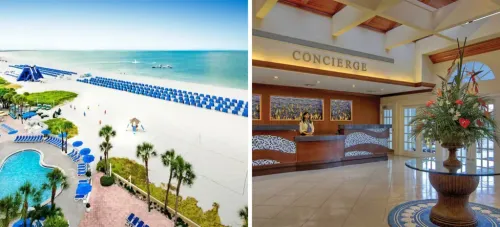 Aerial view of the beach and pool area at TradeWinds Island Grand Resort (left) and Concierge area (right)